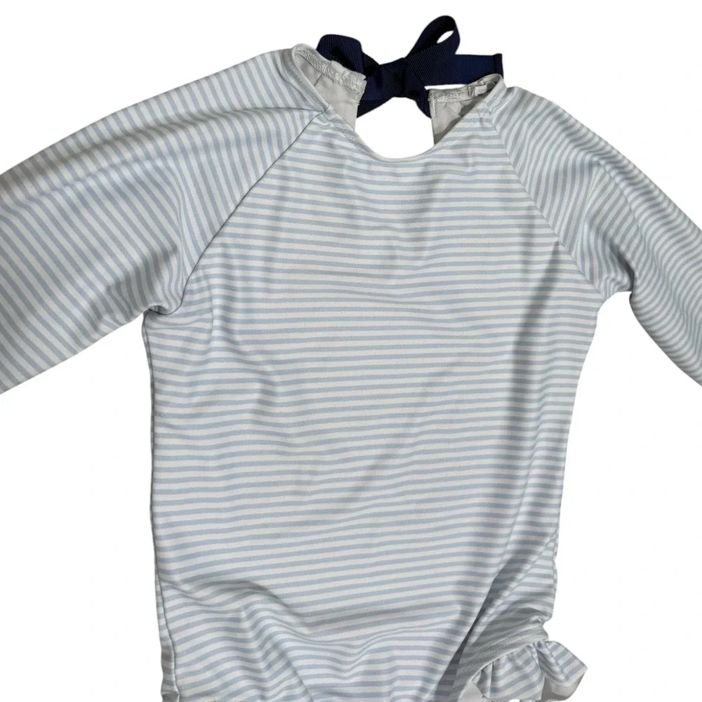 Minnow Swim Girls 5/6 One Piece Swimsuit Long Sleeve Rashguard Blue Striped